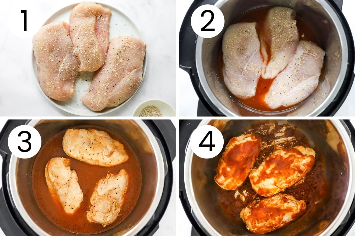 Step by step process how to cook BBQ chicken breasts in Instant Pot.