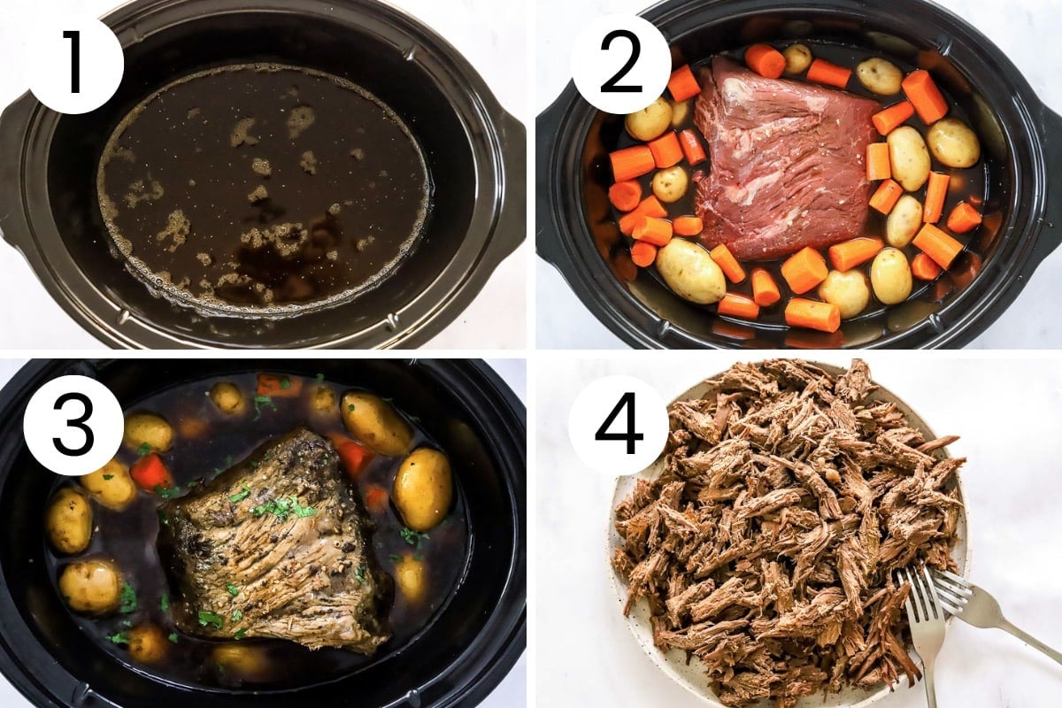 Step by step process from above showing how to cook roast with vegetables in crock pot.