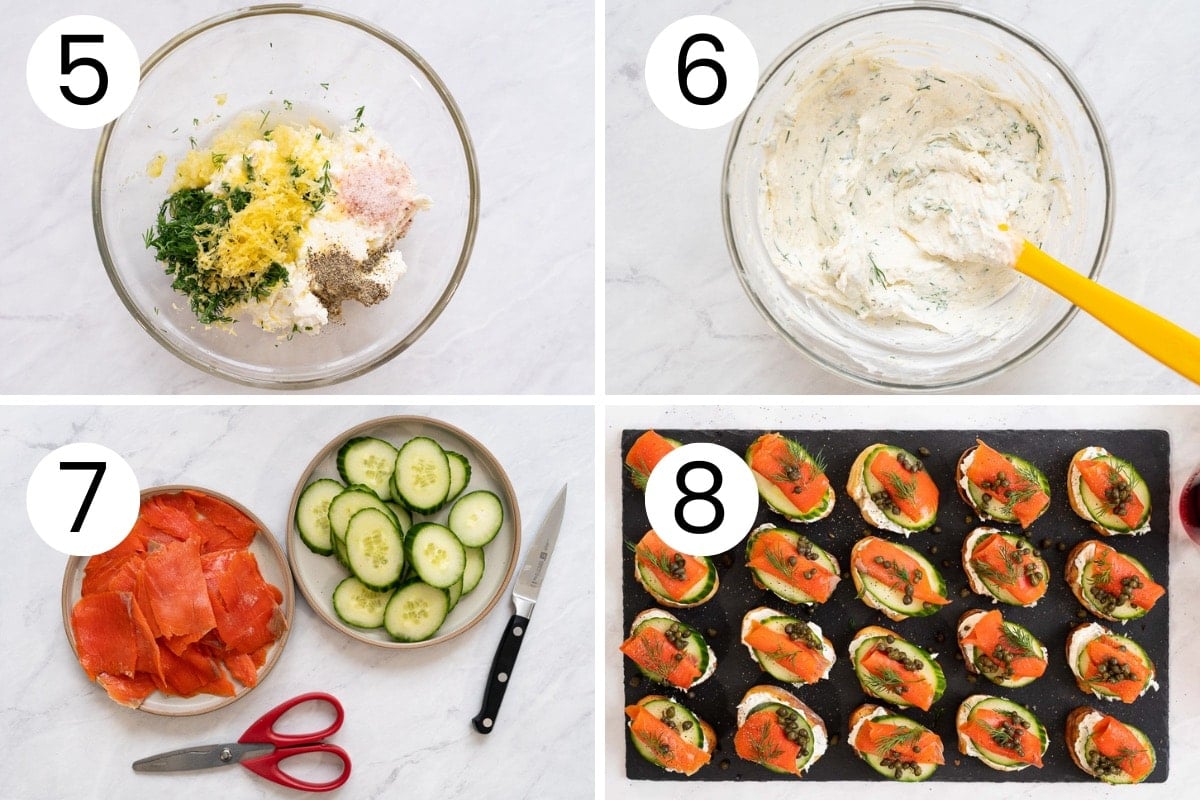 Step by step process how to assemble smoked salmon crostini.