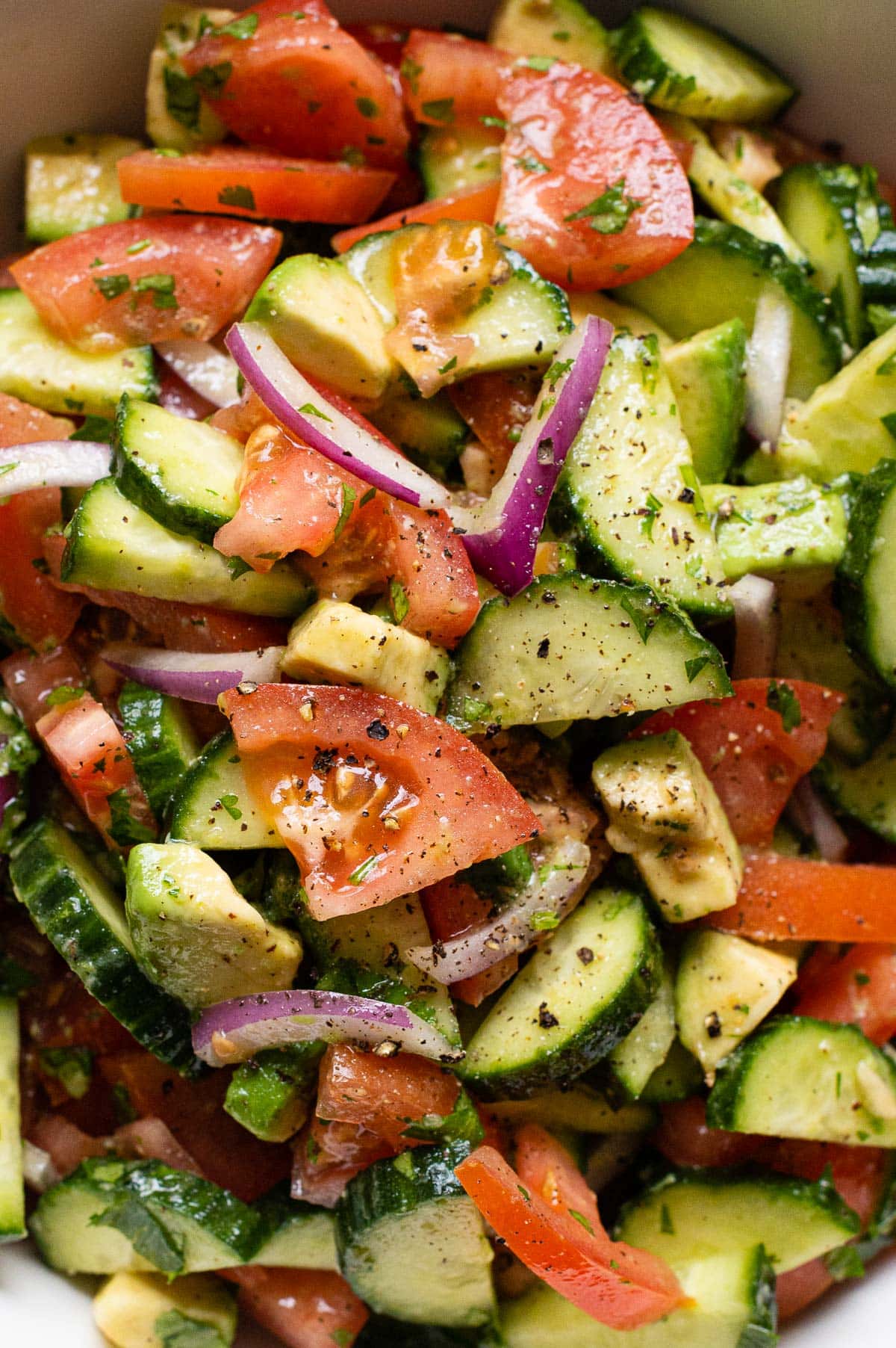 Close up of cucumber tomato salad with avocado, red onion, and cilantro.