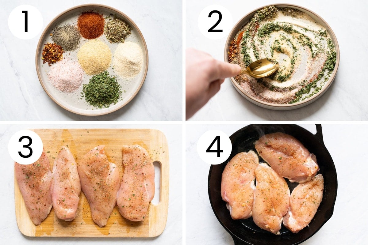 Person showing how to make all purpose seasoning and seasoned chicken breasts with it.