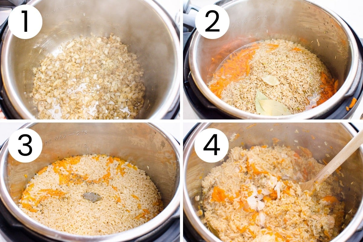 Step by step process how to make chicken and rice in Instant Pot.