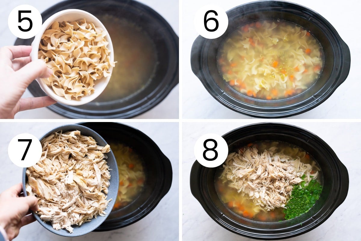Person showing step by step how to cook chicken noodle soup in slow cooker.
