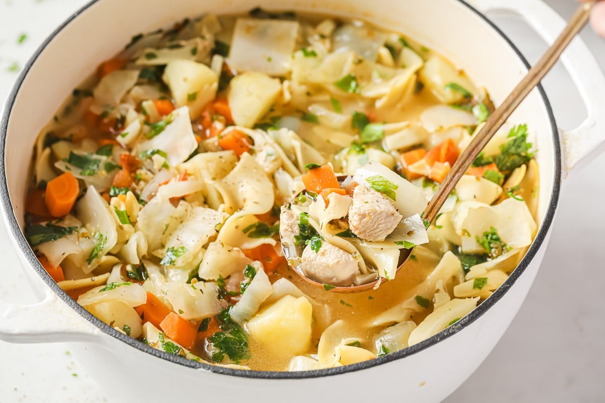 Chicken noodle soup garnished with parsley on a ladle over the pot.