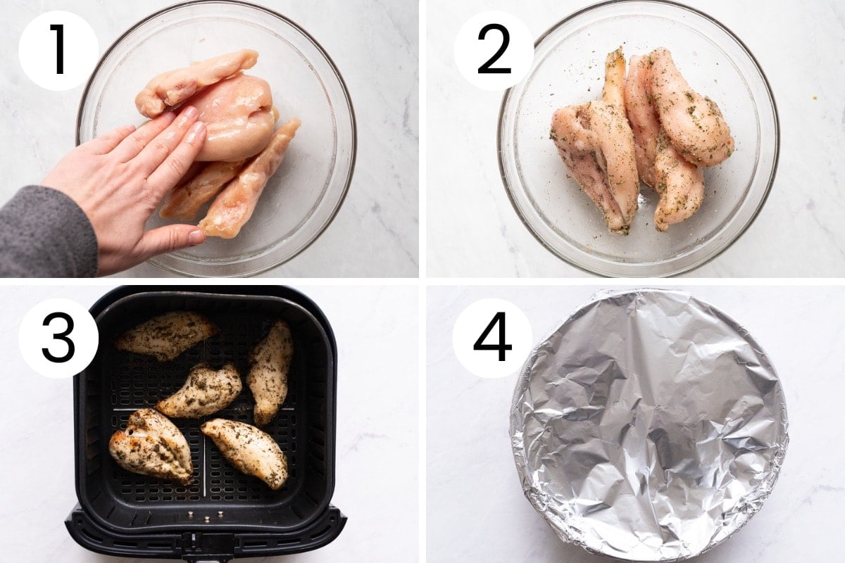 Person showing step by step how to make frozen chicken breasts in air fryer.