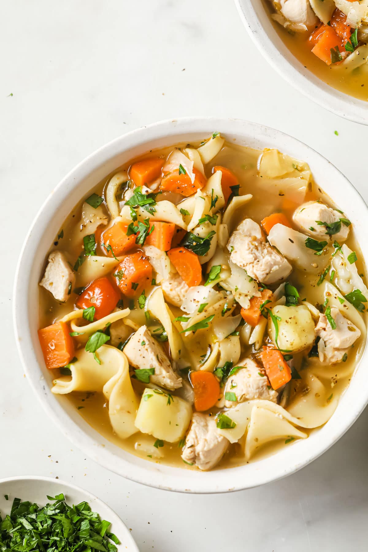 Bowl with chicken noodle soup. Parsley in small bowl for garnish.