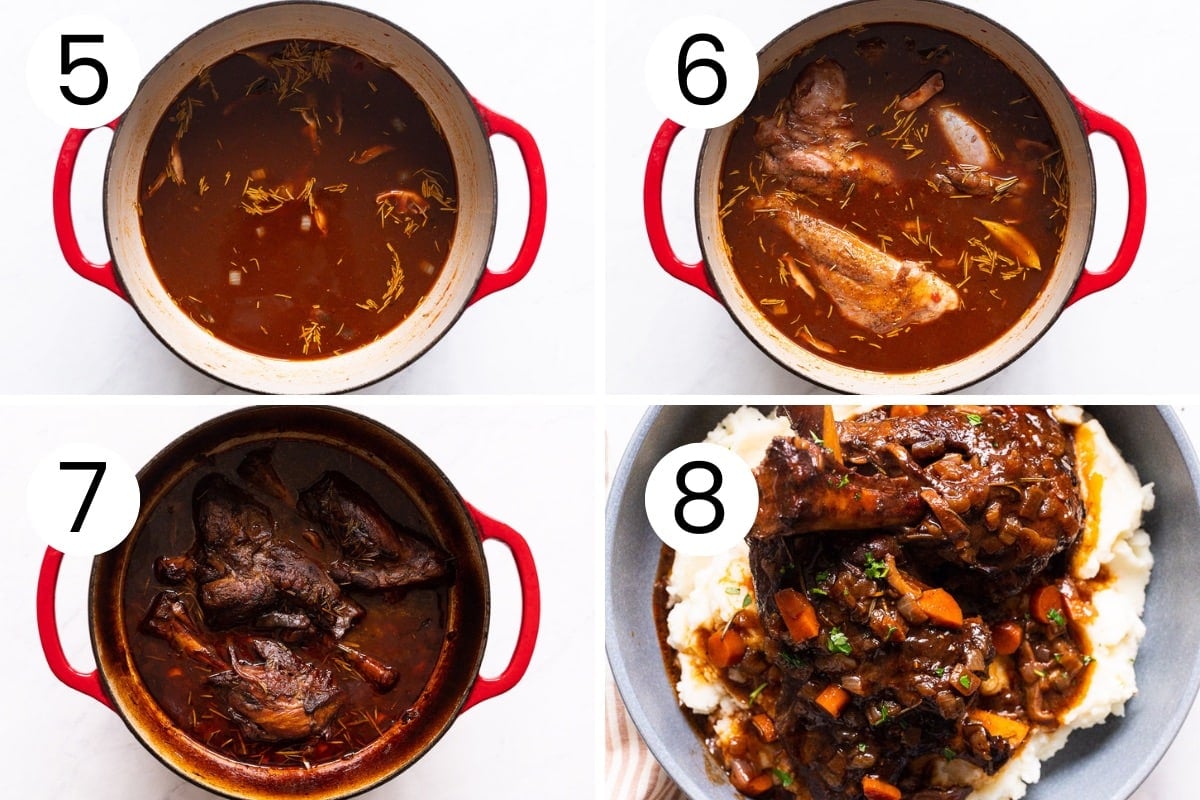 Step by step process how to braise lamb shanks in a sauce and serve.