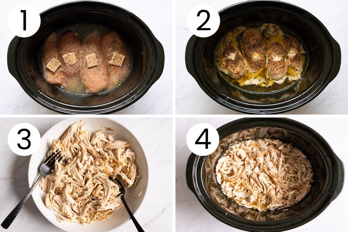 How to cook chicken breasts in crockpot and shred them step by step.