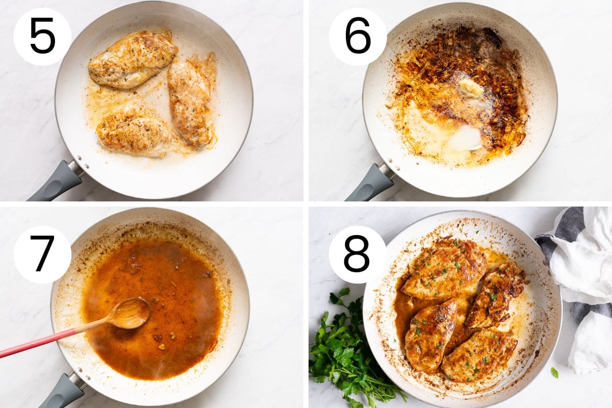 Step by step process how to pan fry chicken breasts, make sauce and coat them in it.