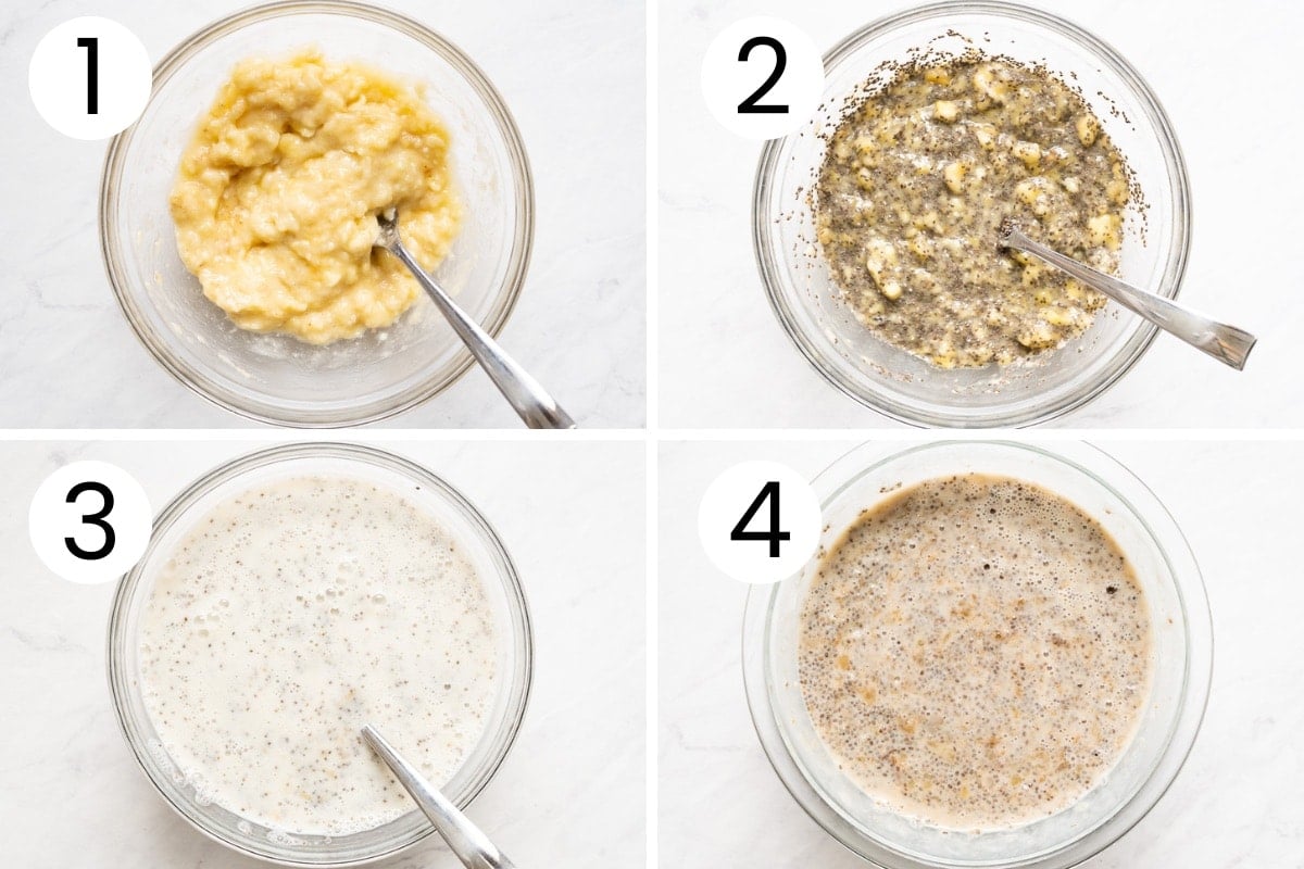 Step by step process how to make banana chia pudding in a bowl.