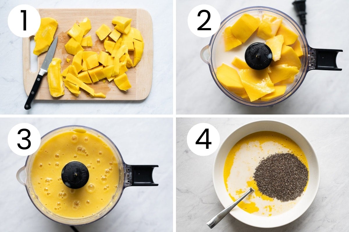 Chopped mango on a cutting board, then pureed in a food processor and added to a bowl with chia seeds and milk.