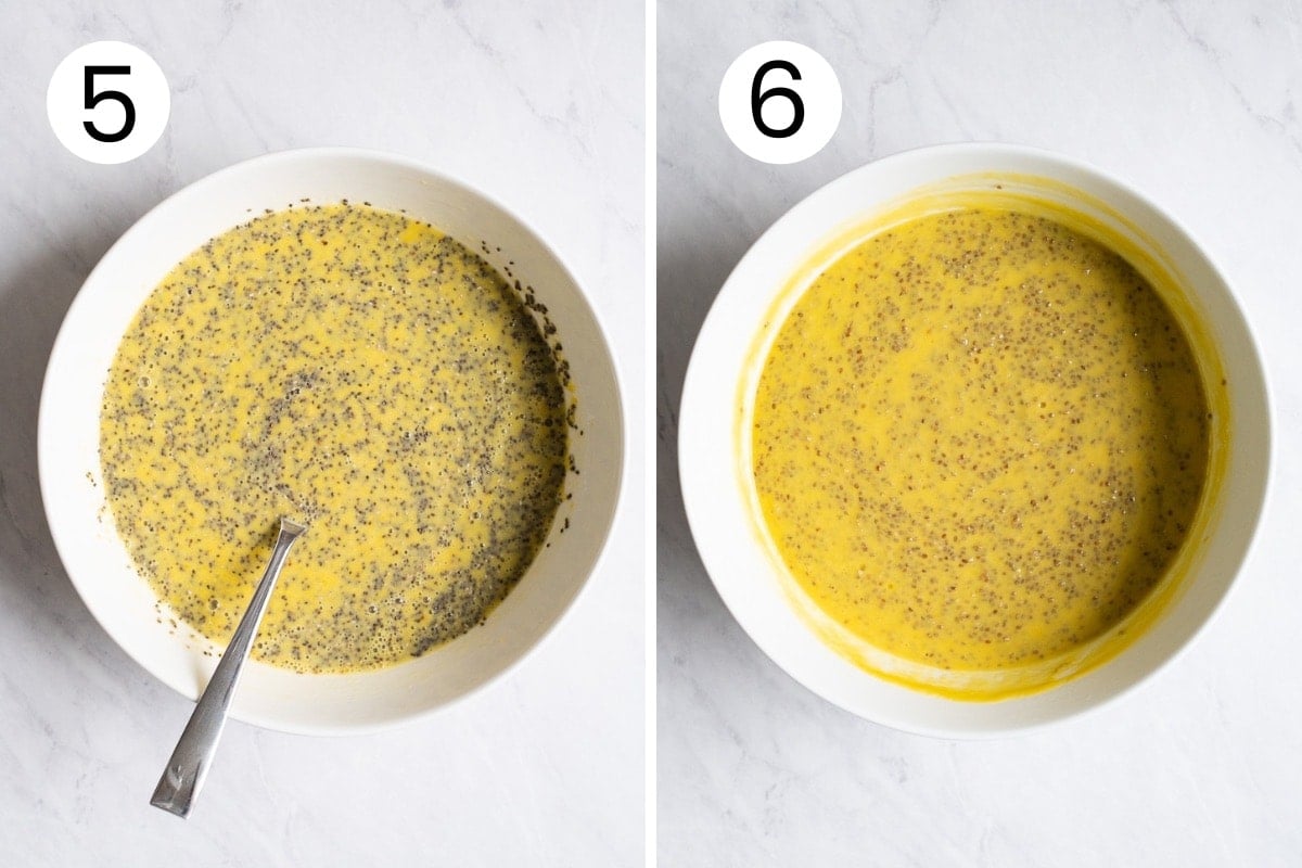 Manga chia pudding in white bowl before soaking and after.