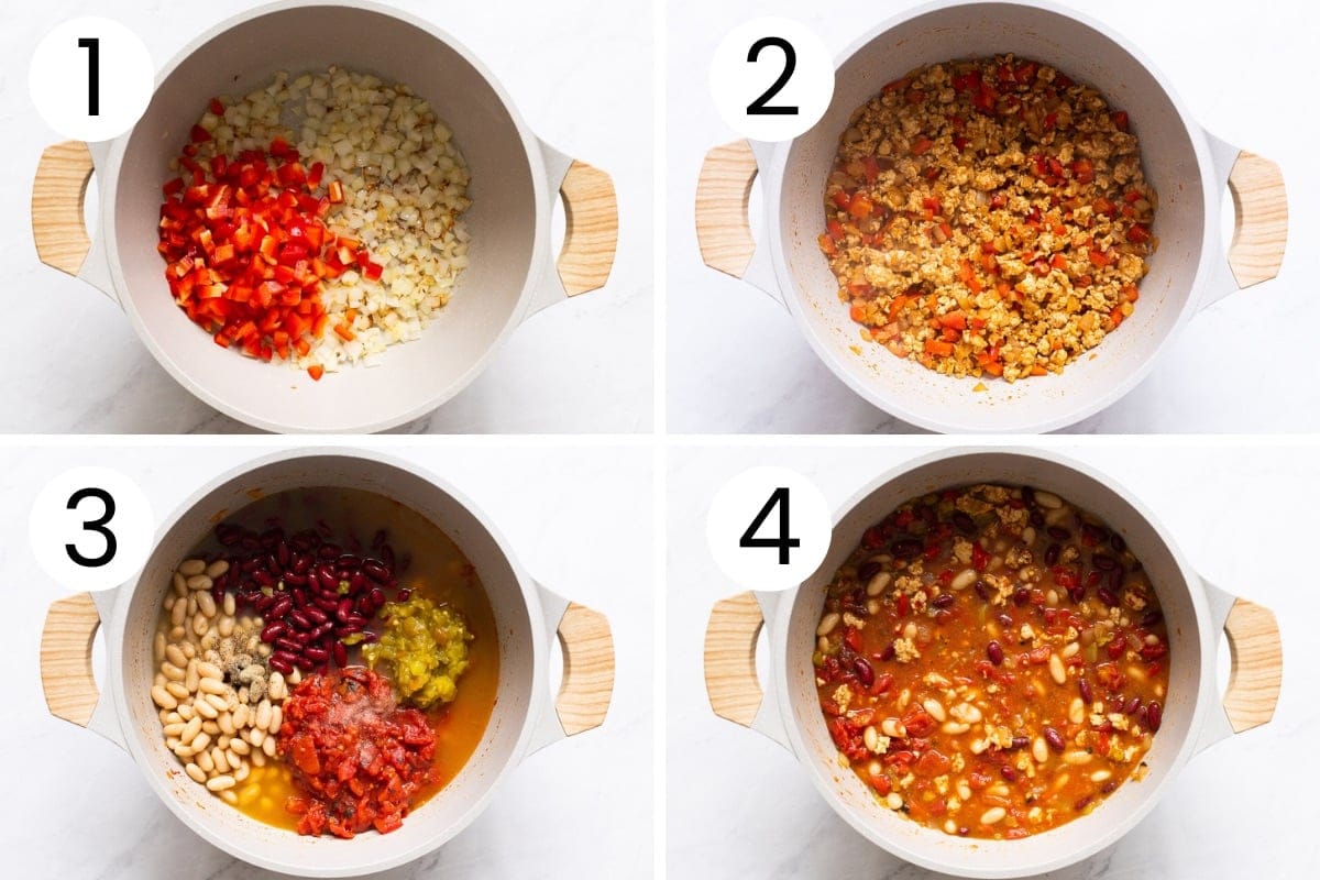 Step by step process how to make ground chicken chili in one pot.