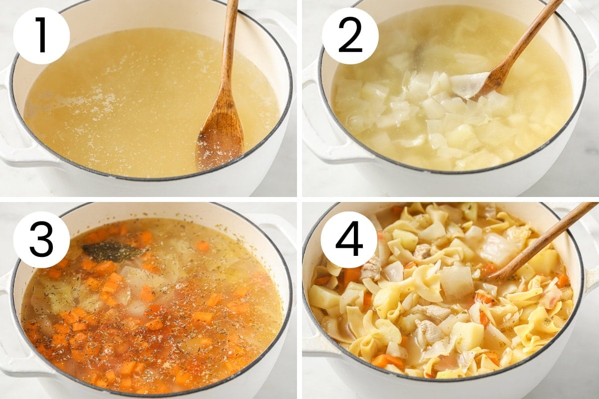 Step by step process how to make chicken noodle soup with vegetables.