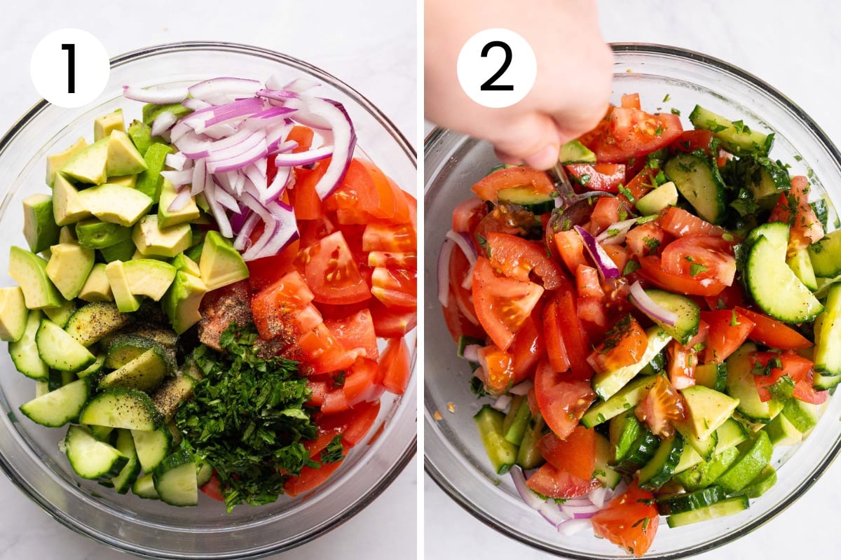 How to make cucumber tomato avocado salad in a bowl in two steps.