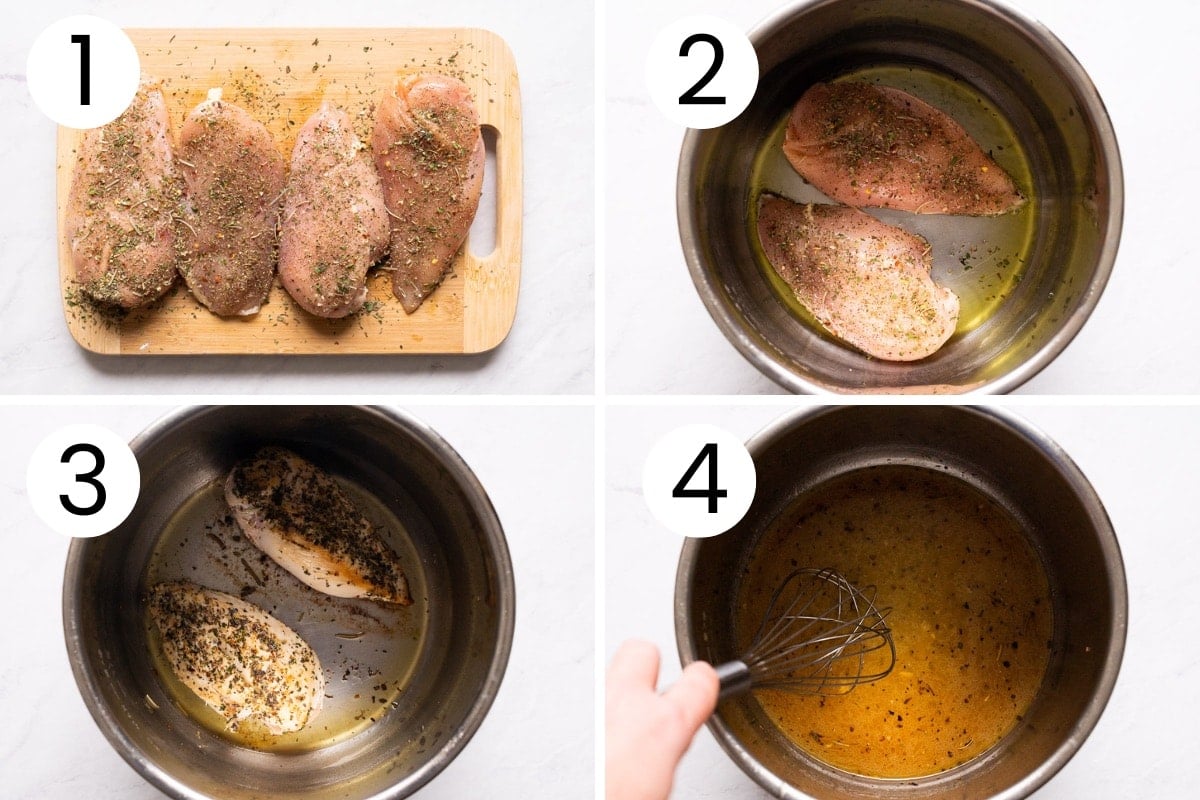Step-by-step process how to season chicken breasts and brown them in instant pot.