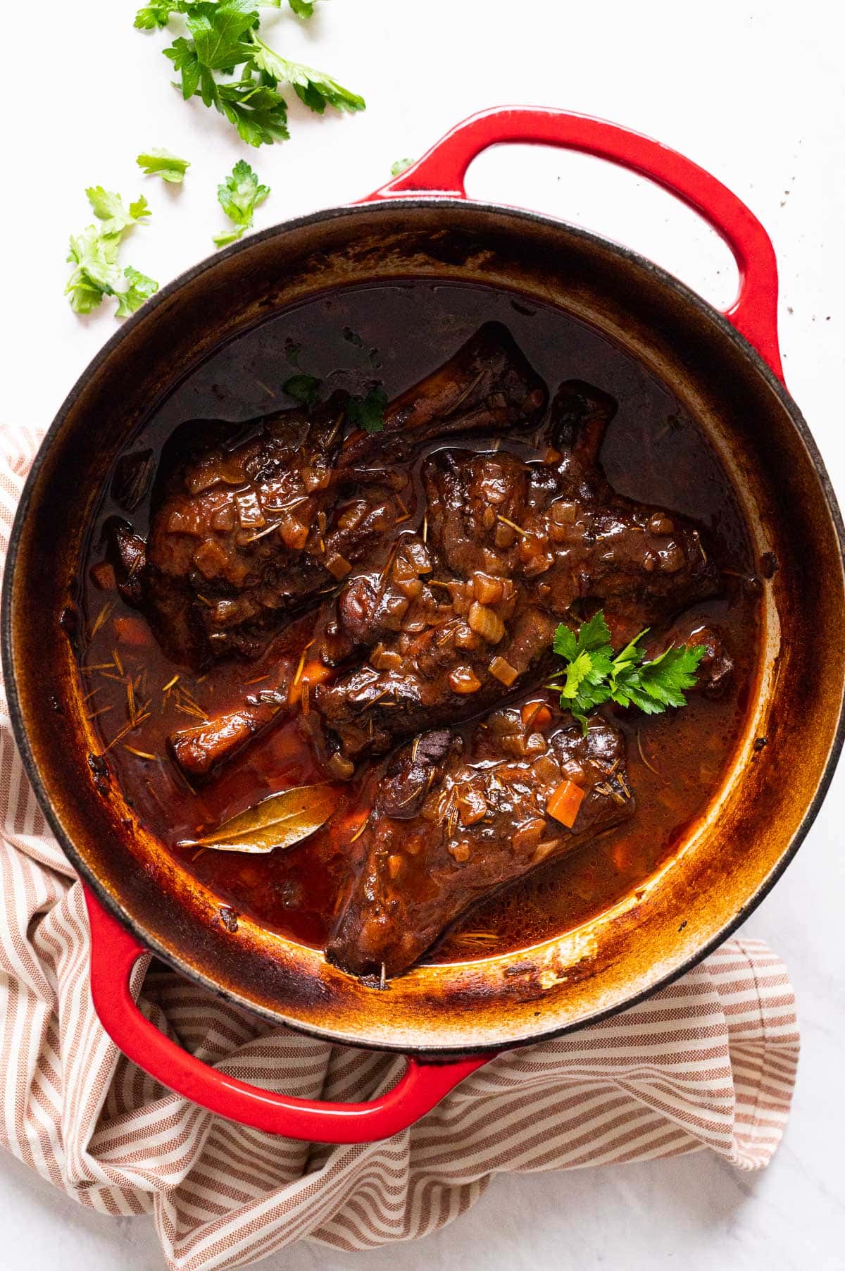 Three braised lamb shanks with gravy and parsley in red dutch oven.