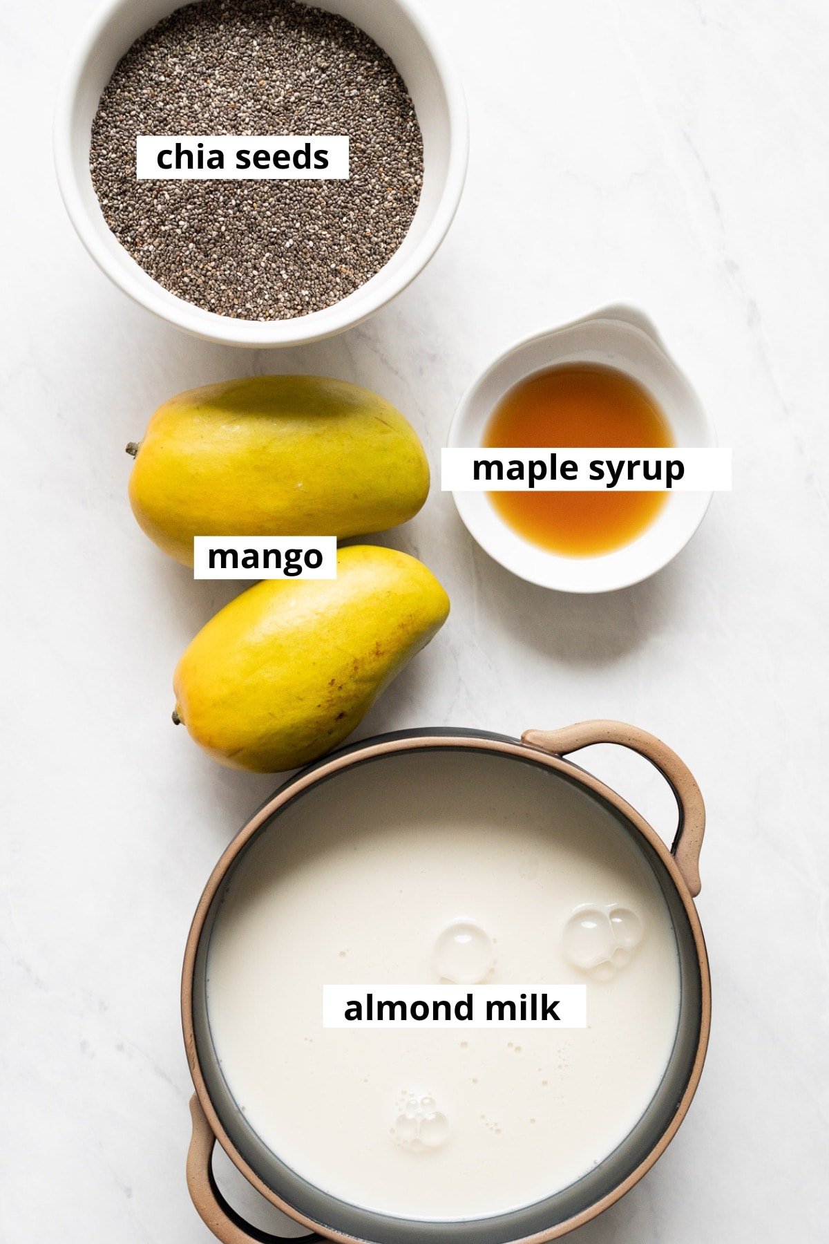 Chia seeds, almond milk, mango, maple syrup.