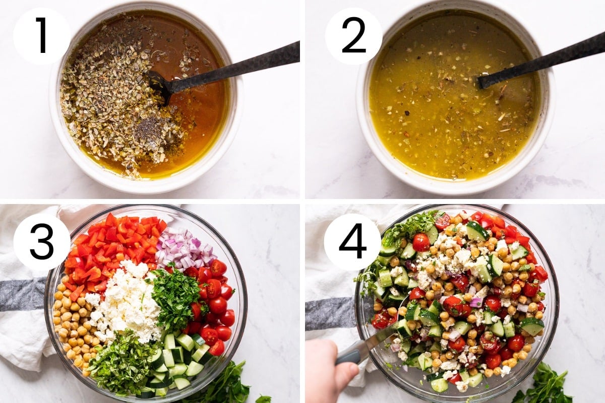 Step by step process how to make Mediterranean dressing, pour it over salad and stir.