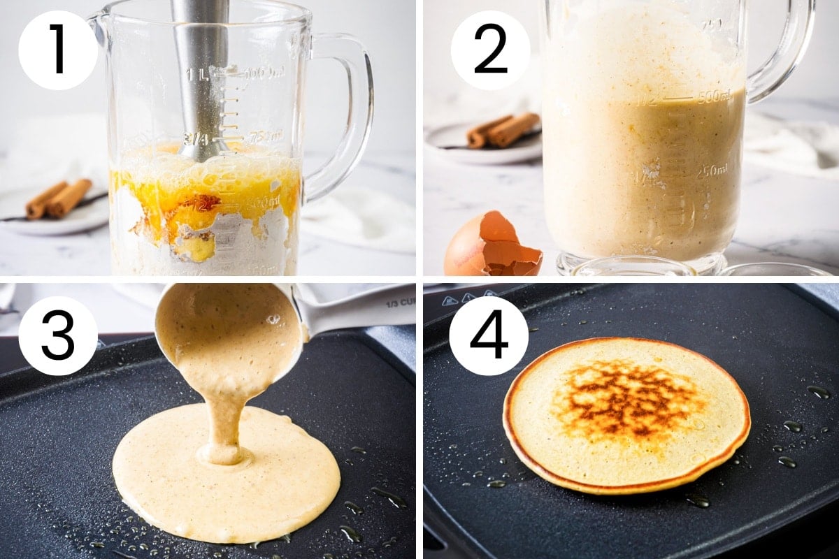 Step by step process how to make protein pancakes in a blender and pan fry them.