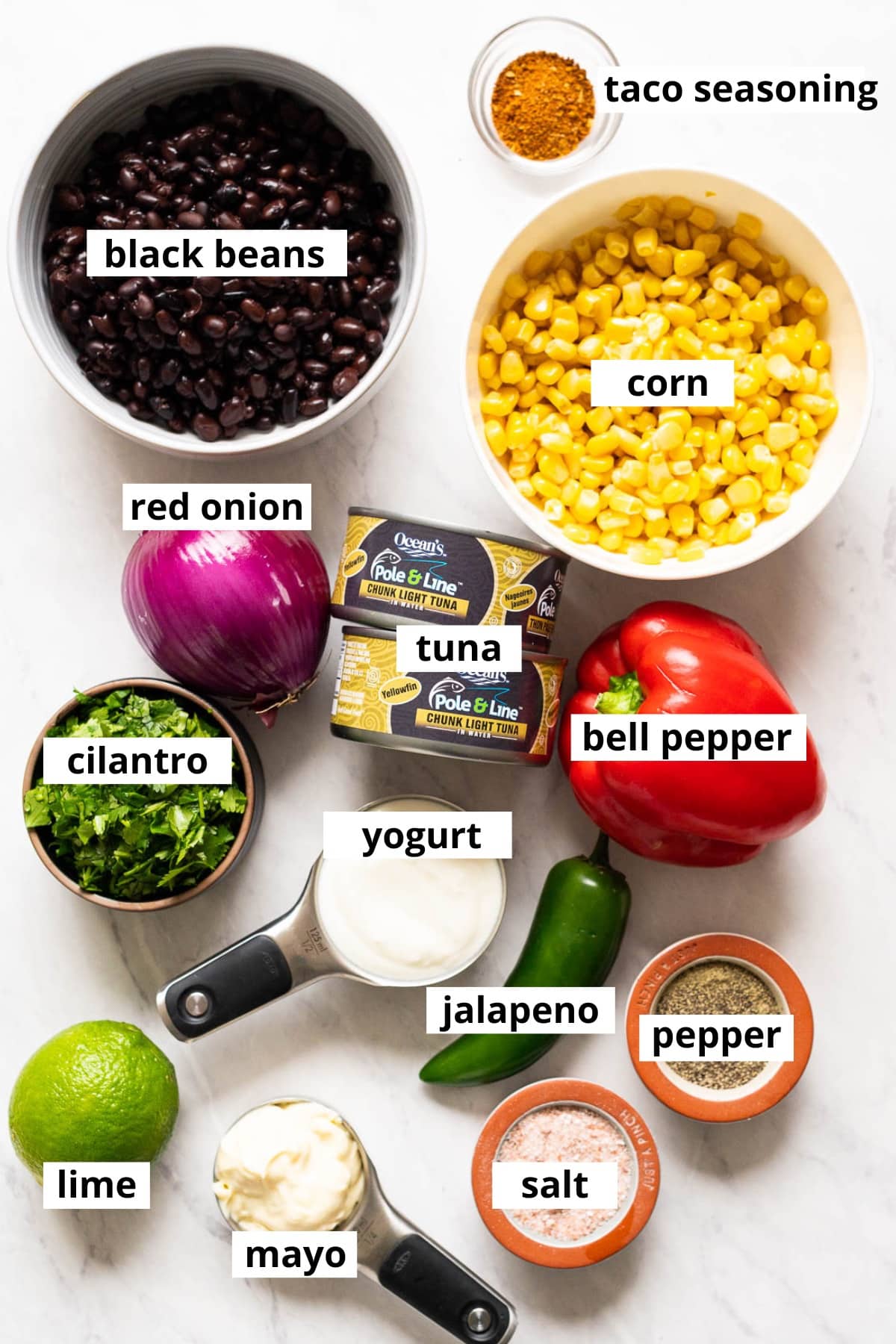 Black beans, corn, taco seasoning, red onion, canned tuna, cilantro, bell pepper, jalapeno, lime, yogurt, mayo, salt and pepper.