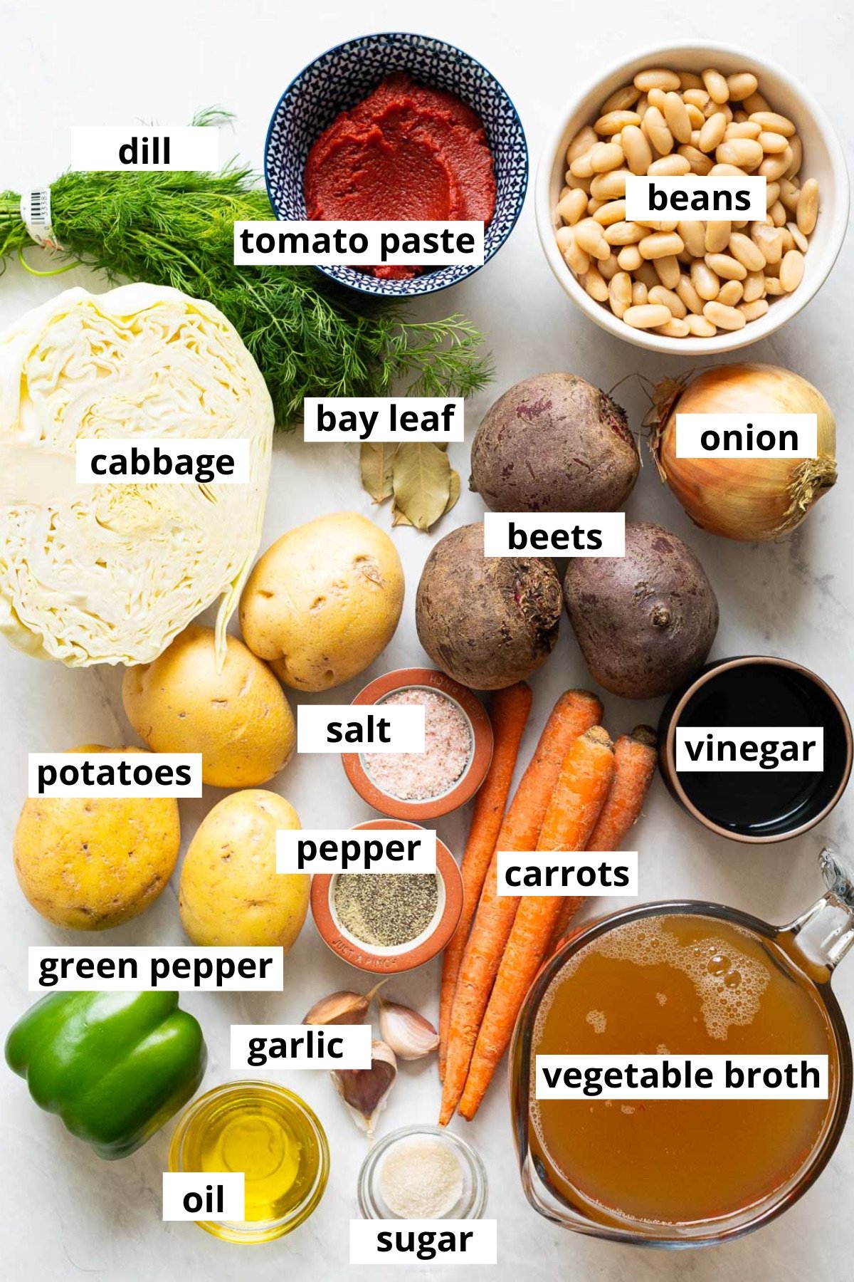 White beans, onion, beets, bay leaf, tomato paste, dill, cabbage, potato, carrots, vinegar, salt, pepper, green pepper, garlic, oil, sugar, vegetable broth.
