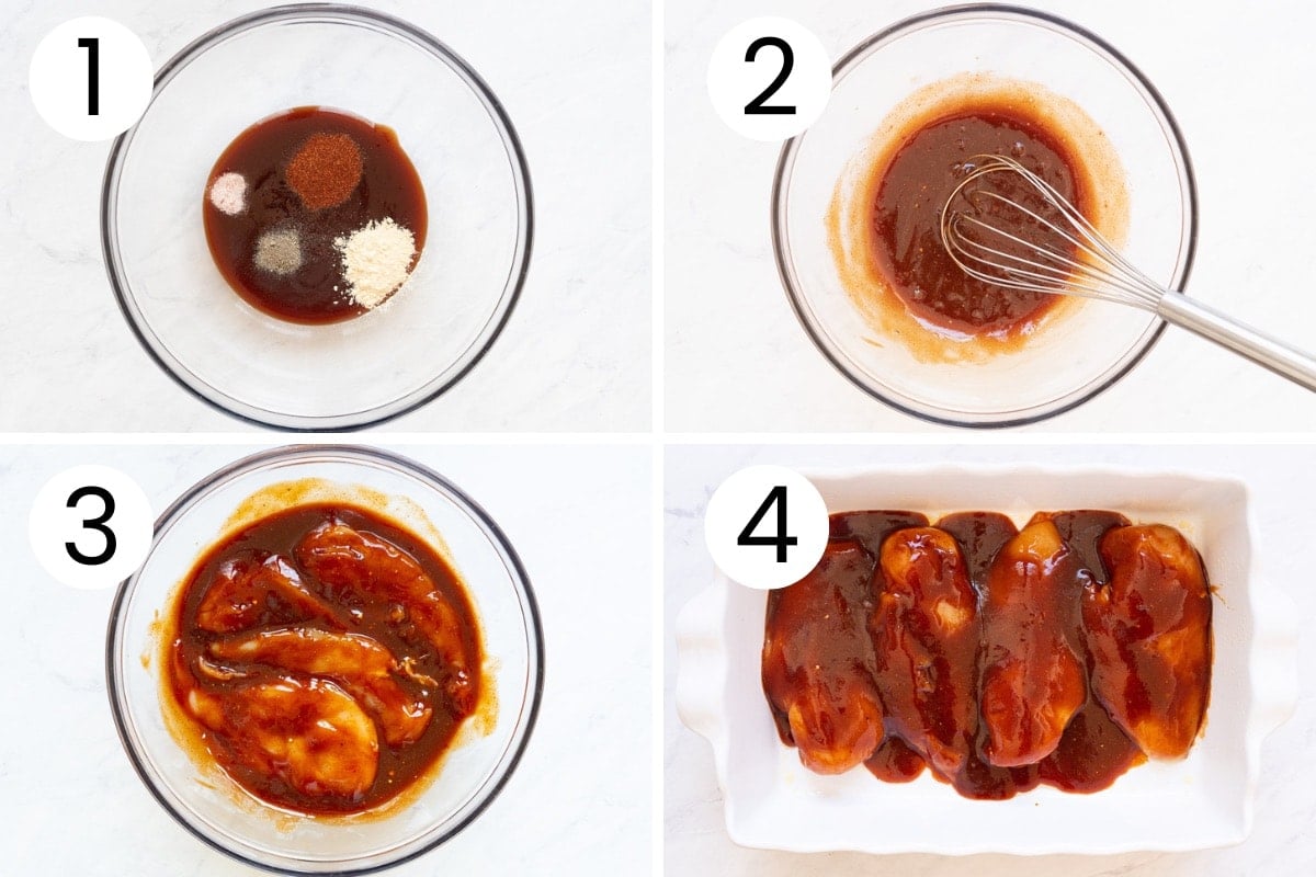 Step by step process how to coat chicken breasts in BBQ sauce and bake in the oven.