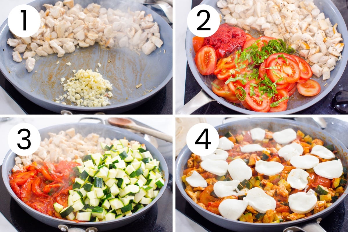 Step by step process how to make caprese chicken skillet.