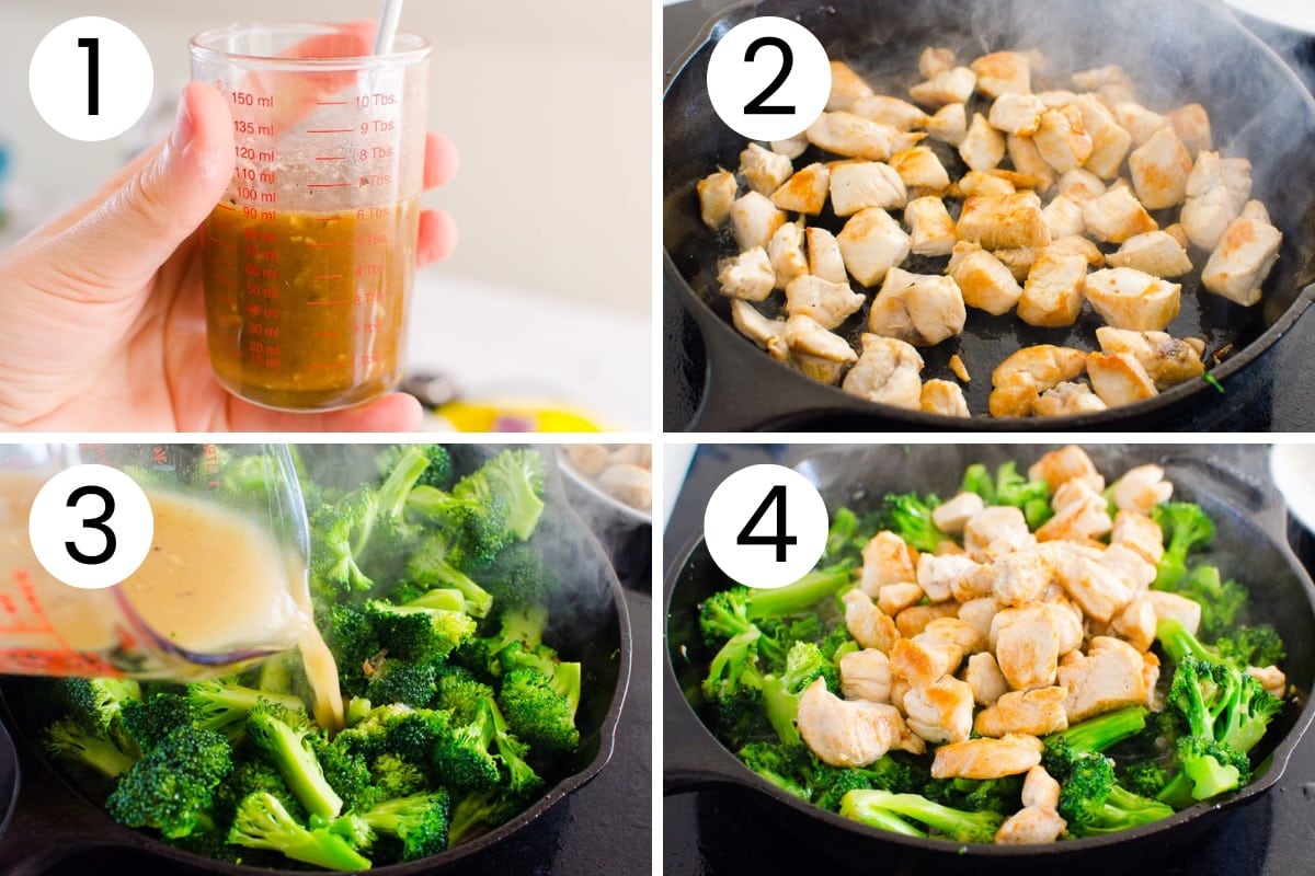 Step process how to make chicken and broccoli stir fry in cast iron skillet.
