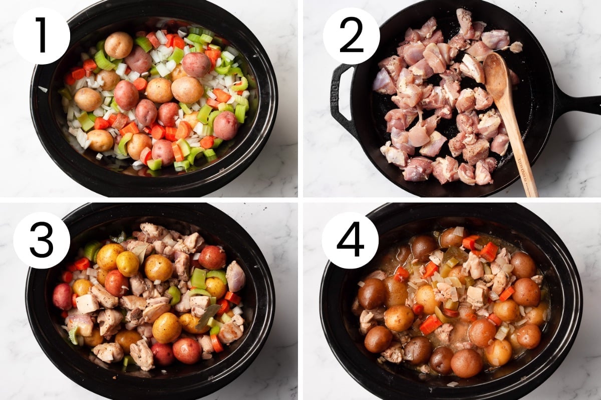 Person showing step by step how to brown chicken and combine with vegetables in a crock pot to make chicken stew.