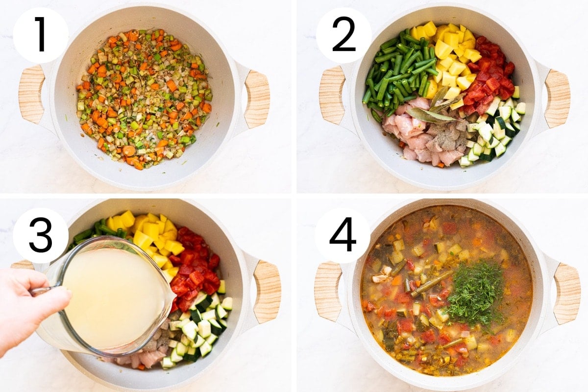 Step by step process how to make chicken and vegetable soup from scratch.