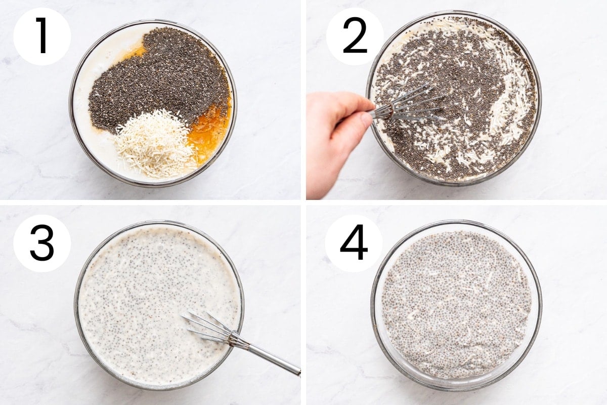 Person showing how to make chia pudding with coconut milk from scratch.