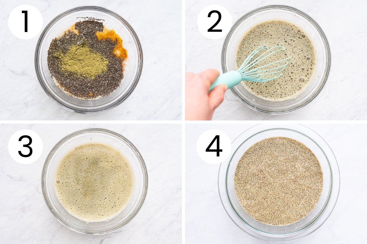 Person showing how to make chia pudding with matcha green tea powder step by step.