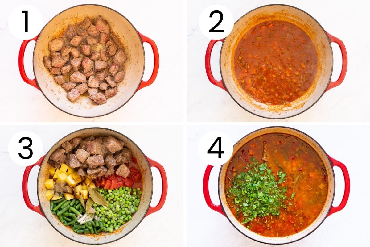 Step-by-step process how to brown meat and vegetables and then make beef vegetable soup.