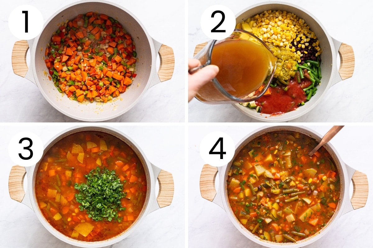 Person showing how to make Mexican vegetable soup step by step.