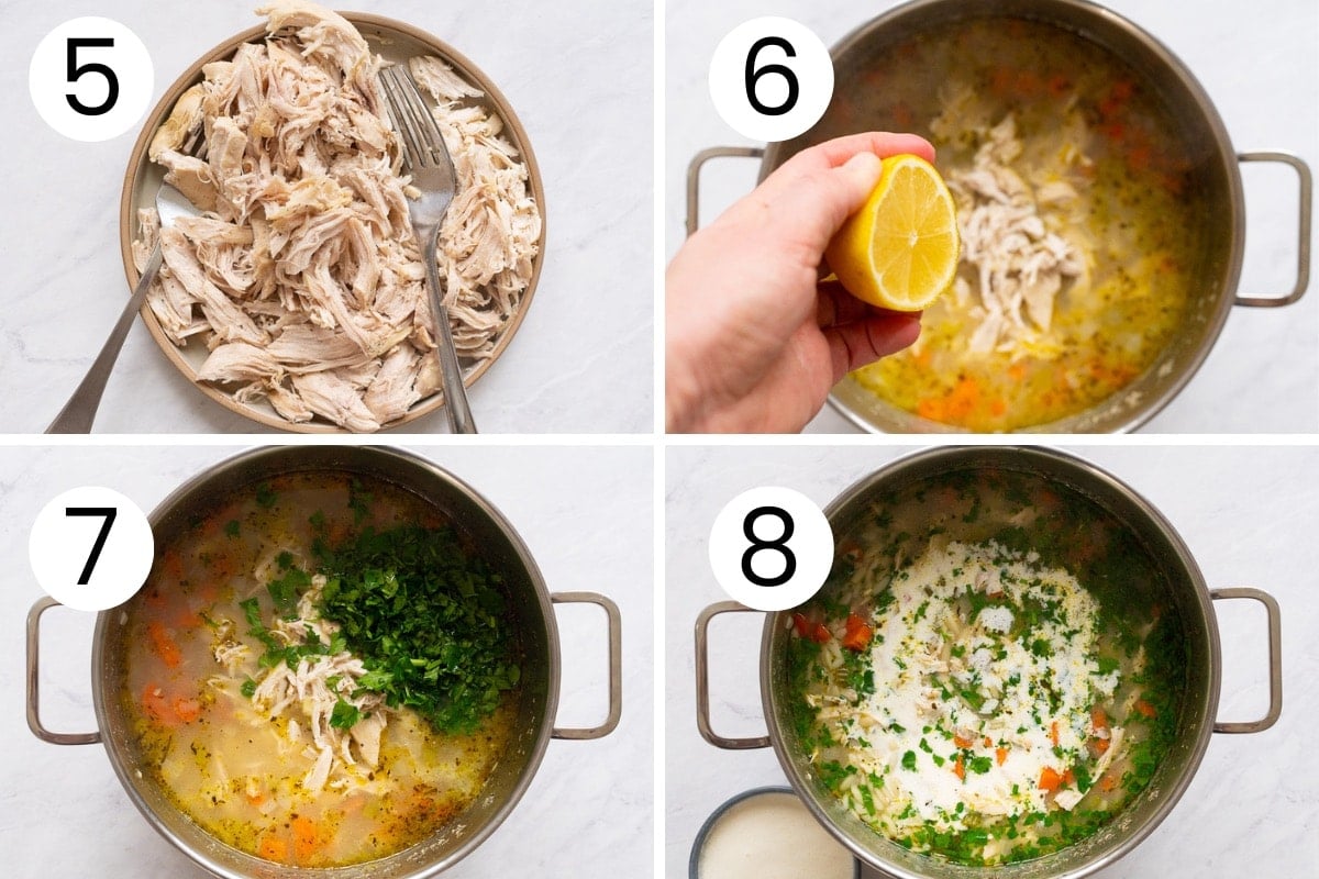 Shredded chicken on a plate then squeezing lemon and adding cream into a pot with chicken soup.