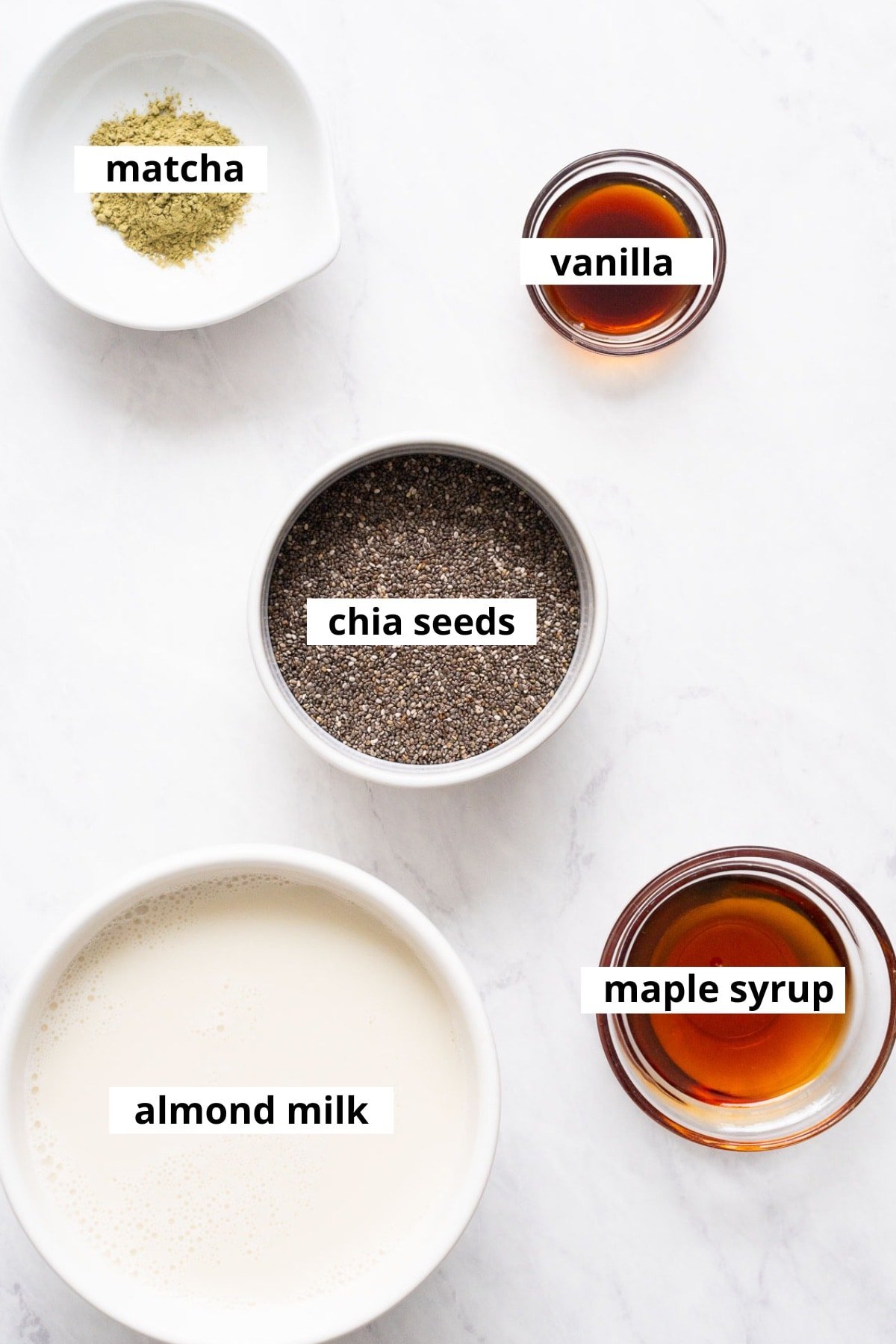 Matcha, vanilla, chia seeds, almond milk, maple syrup.