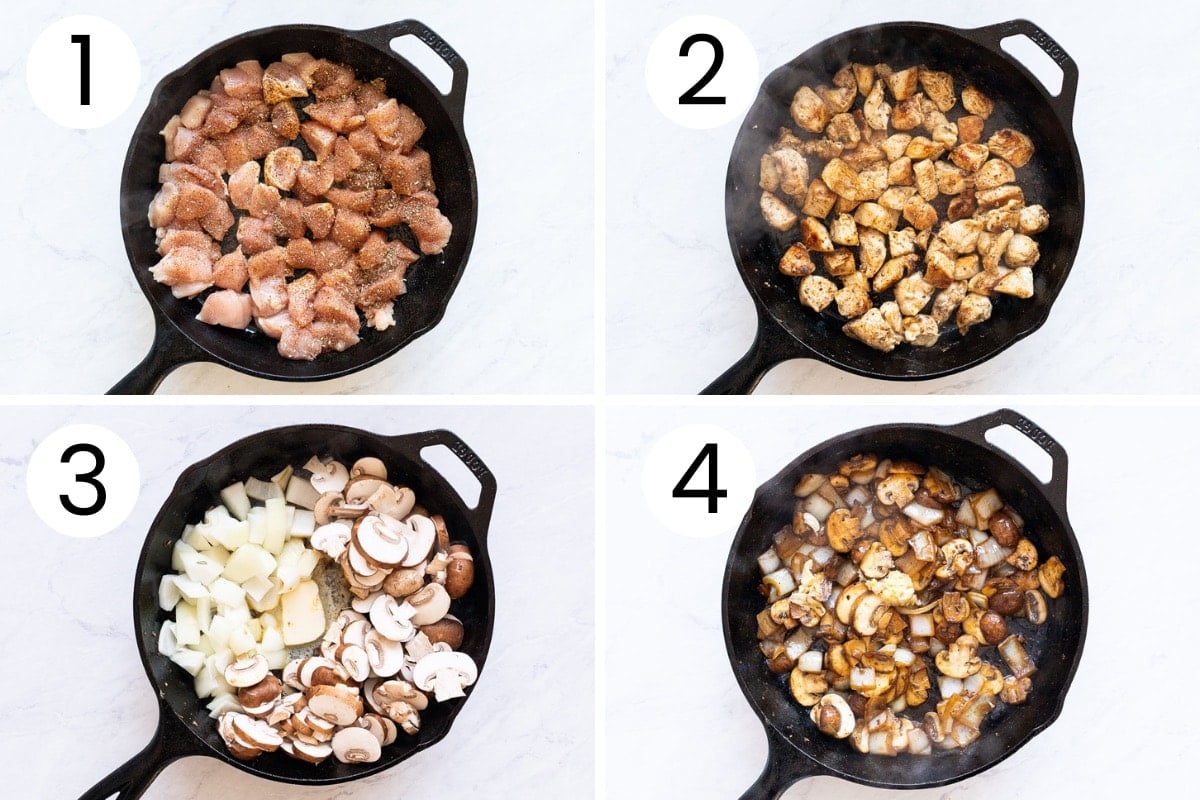 Step by step process how to saute chicken with mushrooms.