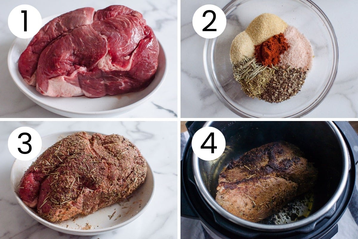 Step by step process how to season chuck roast and sear it in instant pot.