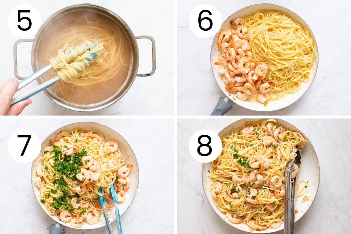 Person showing how to cook spaghetti then mix it with shrimp, parsley and sauce in a skillet.