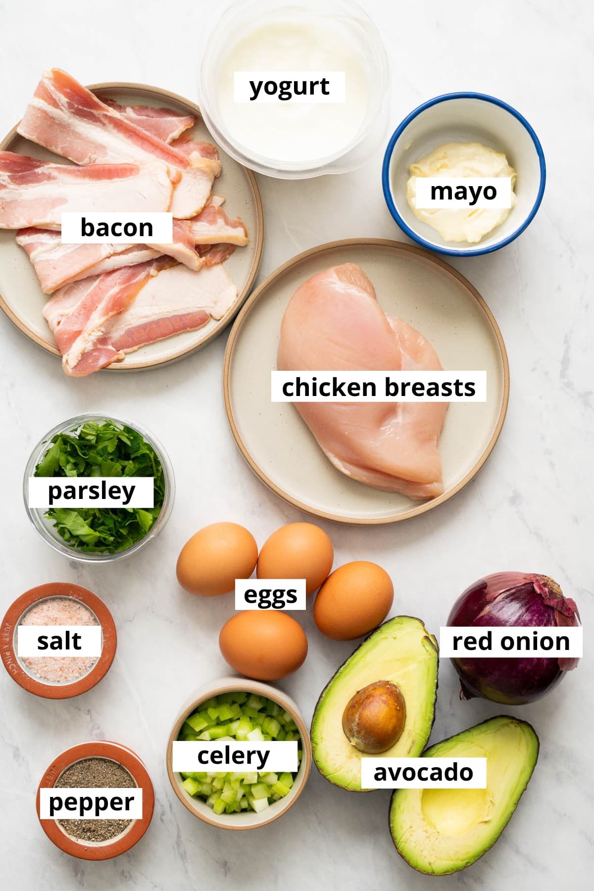 Chicken breasts, bacon, yogurt, mayo, parsley, eggs, red onion, avocado, celery, salt and pepper.