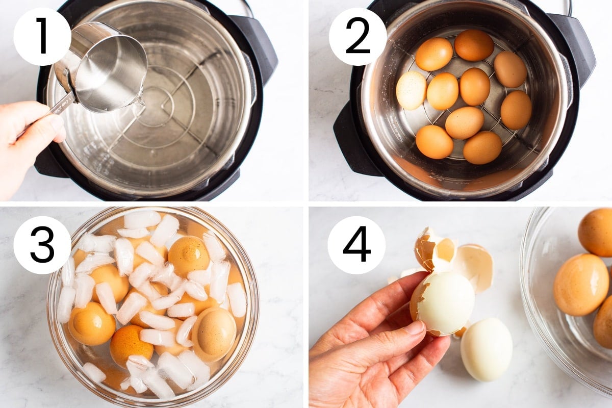 Step by step process how to cook eggs in instant pot, then plunge them in ice bath and peel easily.