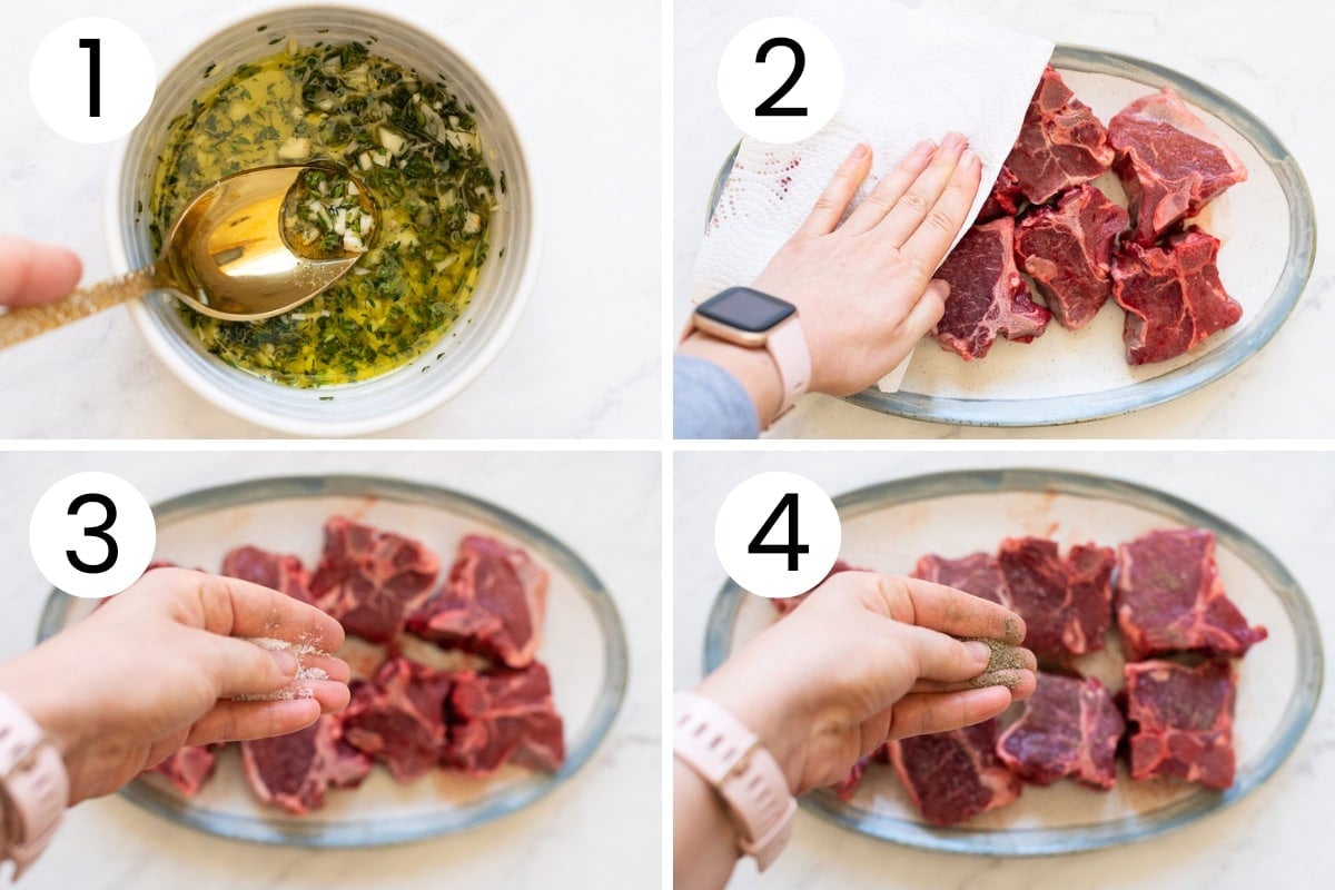 Person showing step by step how to make lemon thyme sauce, pat dry and season lamb loin chops with salt and pepper.