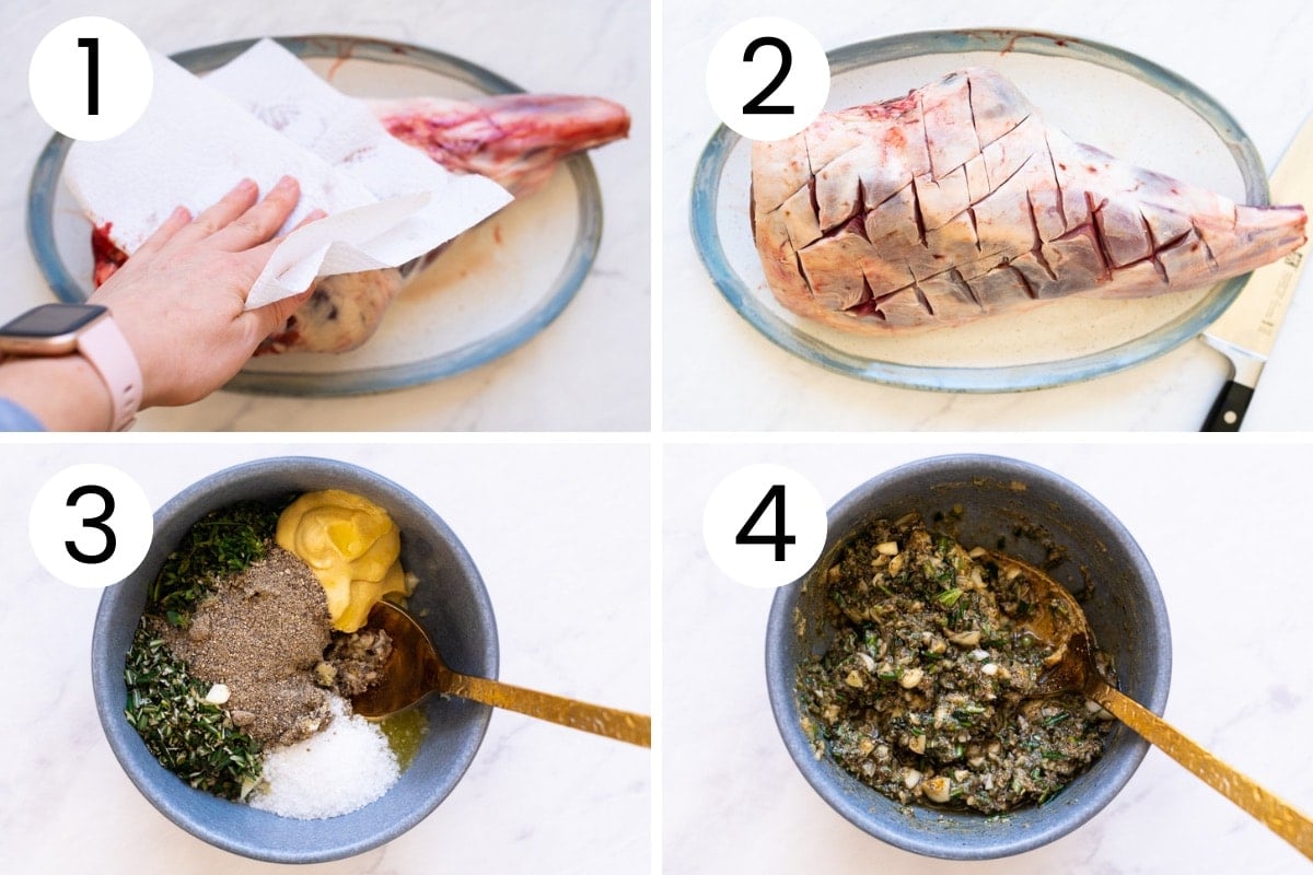 Step by step process how to prep leg of lamb for roasting and make the seasoning.