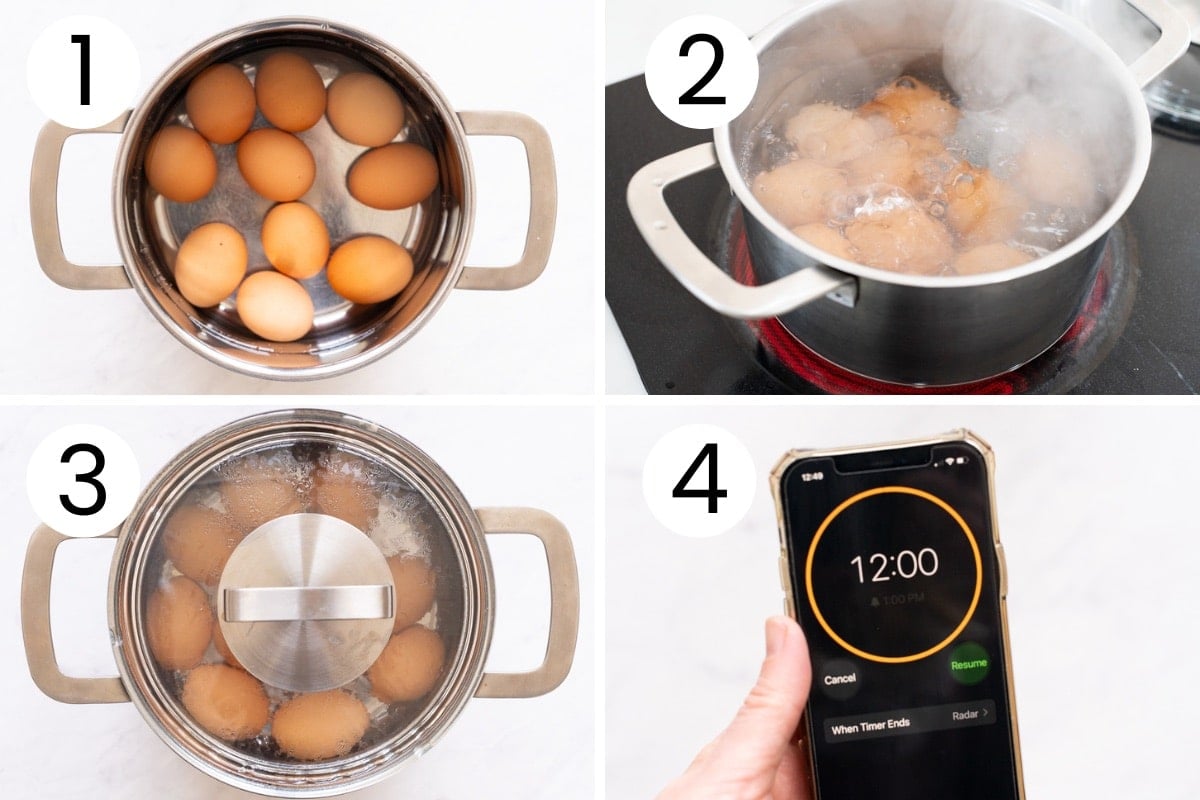 Step by step process how to hard boil eggs in a pot for 12 minutes.