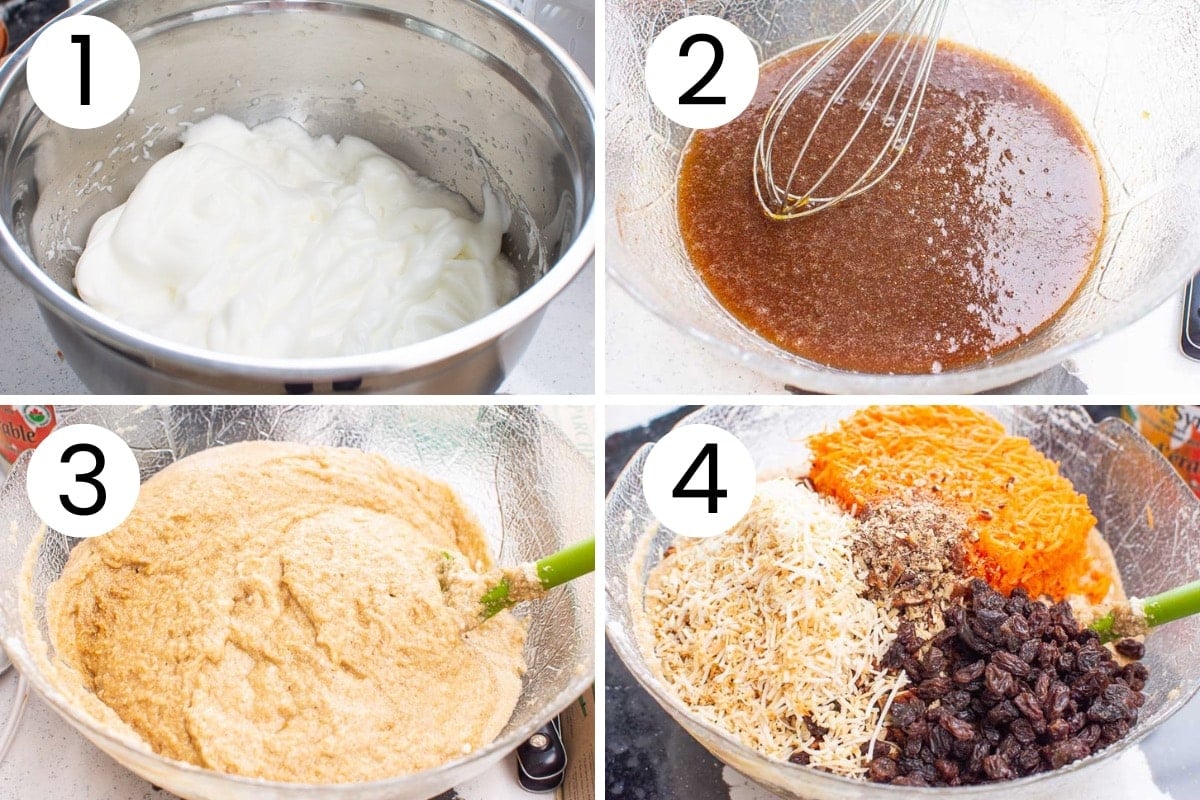 Step by step process how to make almond flour carrot cake batter in a bowl.