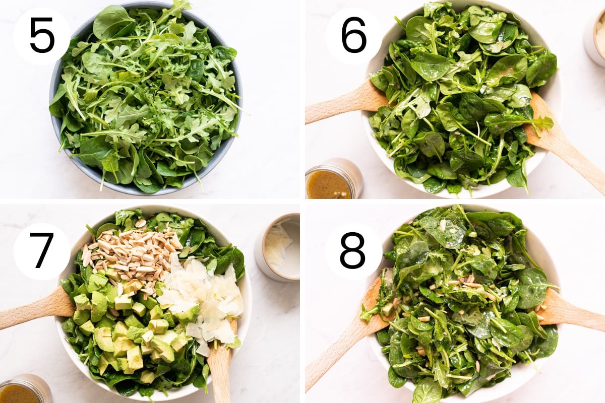 Step by step process how to mix spinach and greens with the dressing and add toppings to make spinach avocado salad.