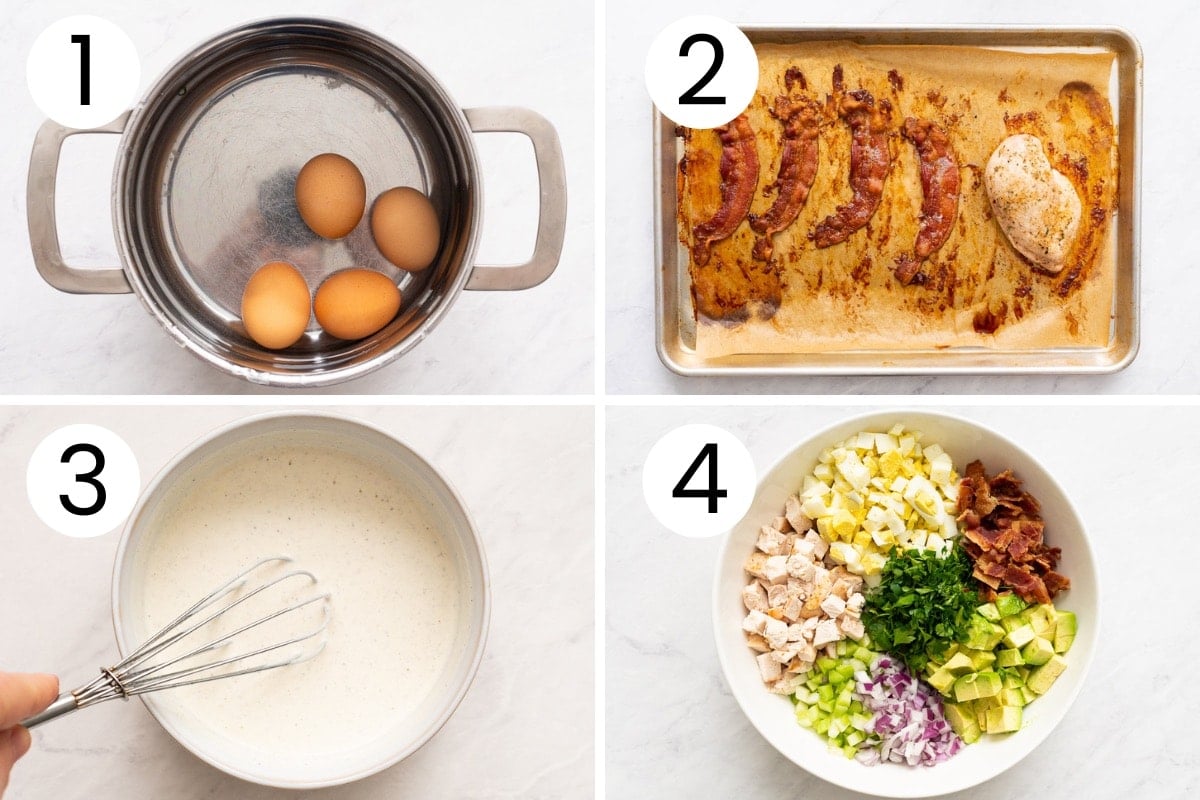 Step by step process how to hard boil eggs, bake bacon and chicken breast, prepare salad dressing and make chicken egg salad.