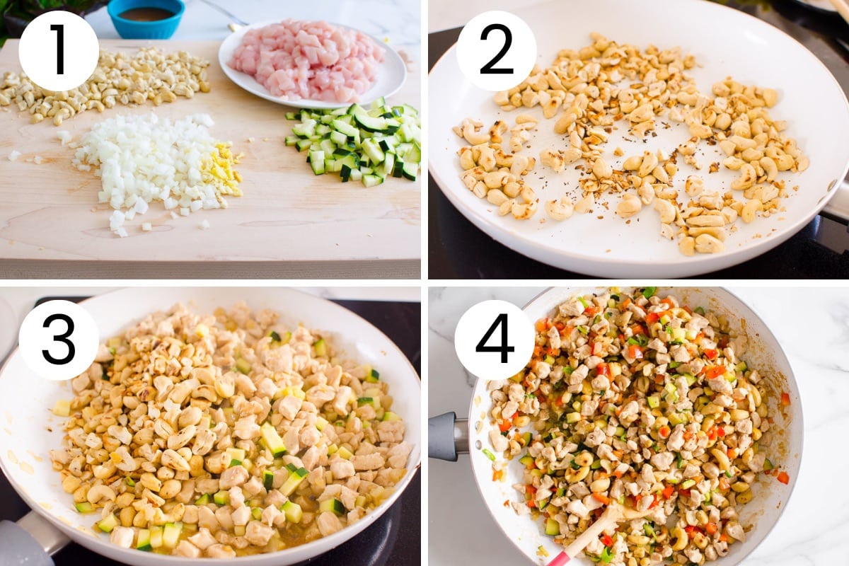 Step by step process how to prep ingredients and make healthy chicken lettuce wraps in a skillet.