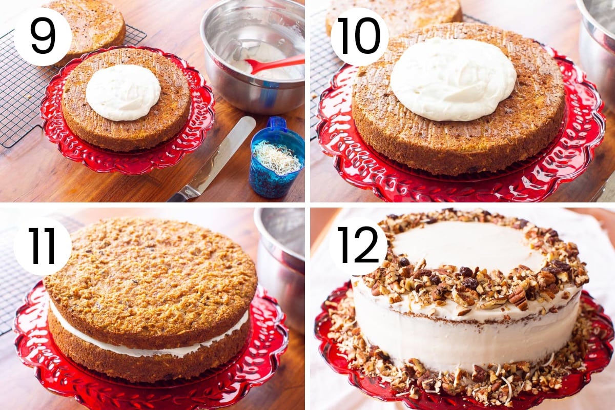 Step by step process how to frost gluten-free carrot cake.